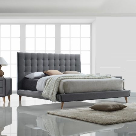 Alina Lit avec tête de lit capitonnée et sommier + 2 Chevets- Tissu – 160x200cm – G