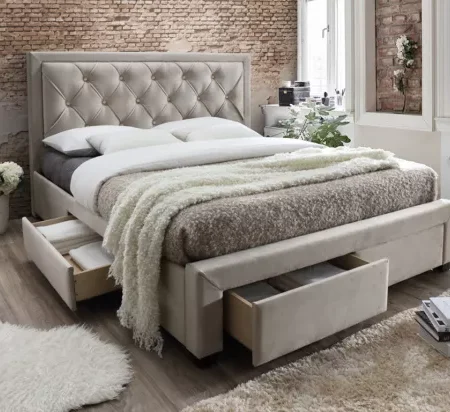 Bia lit avec tiroirs - Tissu velours champagne - 160 x 200 cm