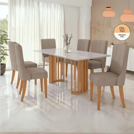 ALYS TABLE A MANGER + 6 CHAISES CELINA - VELVET NATURALE CREME / ALMOND CL/OFF WHITE