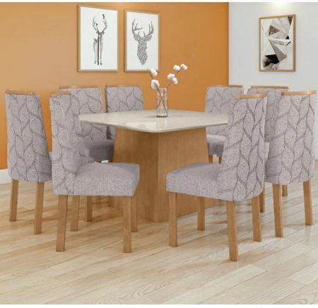 NEVADA  TABLE 1,30 + 8 CHAISES EXCLUSIVE - LINEN RINZAI + BEIGE FABRIC / ALMOND CL/OFF WHITE