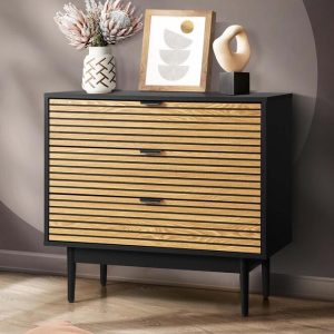 FORRES Commode 3 tiroirs Noir – Chêne