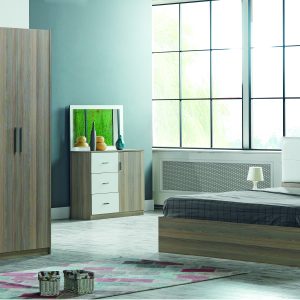 Linda Chambre à coucher oak/walnult-blanc (1 Lit + 2 Chevets) sans armoire et sans coiffeuse Dimensions du lit (cm) : 180 x 200/Dimensions du chevet (cm) : L 50 x H 47 x P 40