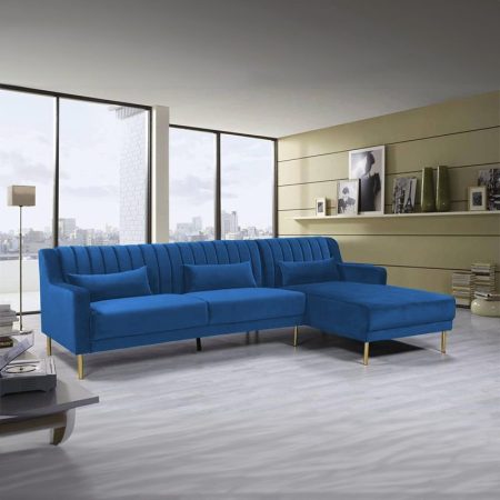Layla canape d’angle droit à l’assise (RHF) 5 places velours 275 x 161 x 81 cm bleu