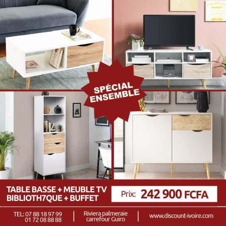 ENSEMBLE MONTENO ETAGERE BLANC/CHENE+BUFFET MONTENO COULEUR BLANC/CHENE+MEUBLE TV MONTENO BLANC/CHENE+TANA TABLE BASSE BLANC/CHENE