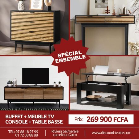 ENSEMBLE FORRES Commode 3 tiroirs Noir – Chêne+FORRES Meuble Tv Noir – Chêne+FORRES Table de console Noir – Chêne+KENNE TABLE BASSE NOIR