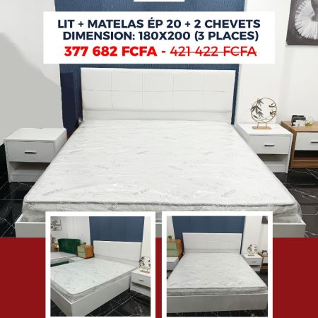 Linda Chambre à coucher blanc (1 Lit + 2 Chevets) Dimensions du lit (cm) : 180 x 200/Dimensions du chevet (cm) : L 50 x H 47 x P 40+MODAFLEX STAR– Matelas – 180 x 200 cm – Epaisseur 20 cm