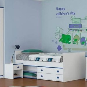 LIT SANDRA  + 1 CHEVET  120X200CM  COULEUR  BLANC + BLEUE