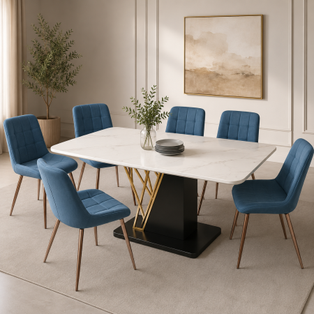 ENSEMBLE TABLE BILBAO + 6 CHAISES GINA PIEDS DOREES