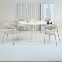 Aurora table blanc D130 + 4 chaises beige crème