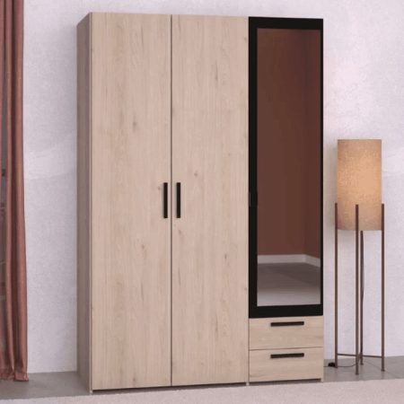 DAILY Armoire 3 portes, 2 tiroirs avec miroir chêne