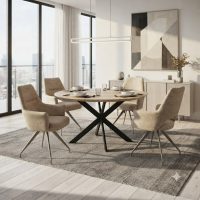 Bordeaux table D120 ext. à 160 cm NATUREL & NOIR + 4 chaises Beige // Pied GRIS